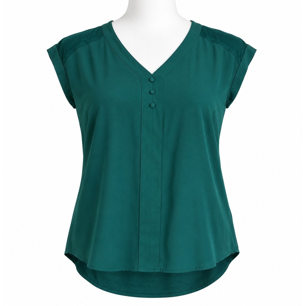 Fortune + Ivy Women XL Green V-Neck Button Accent Short Sleeve Blouse